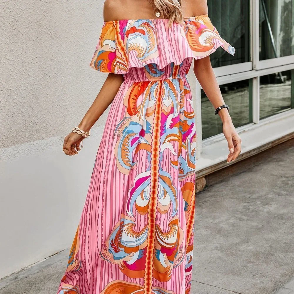 Contemporary Graphic Print Off Shoulder Split Thigh Dress - Picture 2 of 5